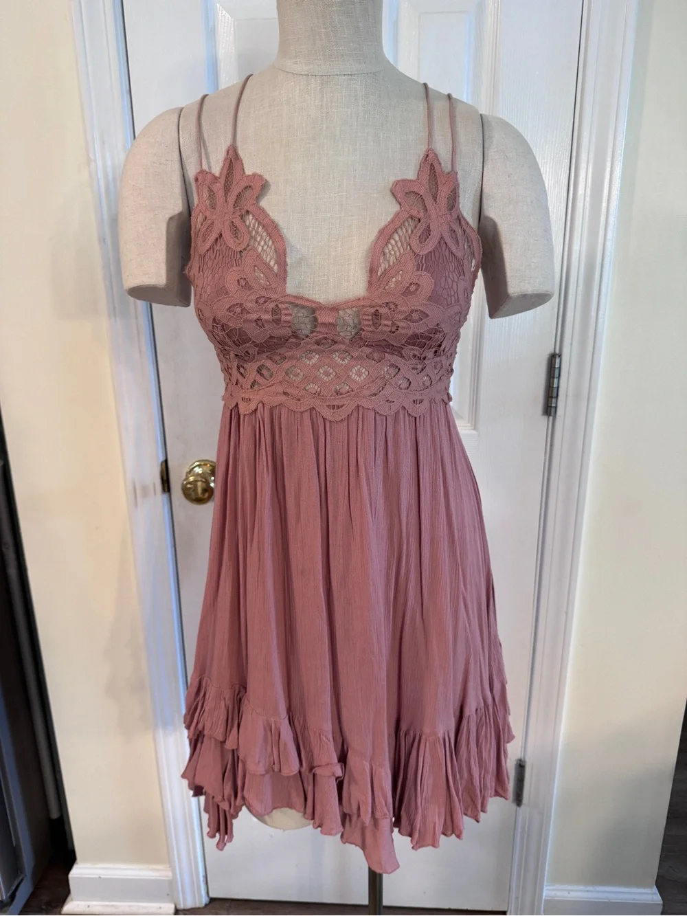 Free People One Dusty Rose Lace Slip Dress Boho Mini S Crochet Babydoll Festival - Picture 3 of 12